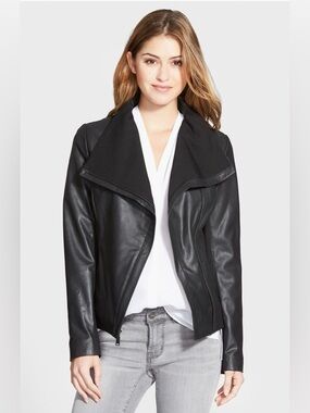 T Tahari Luisa Knit Panel Drape Front Women's Leather Jacket, GREY
